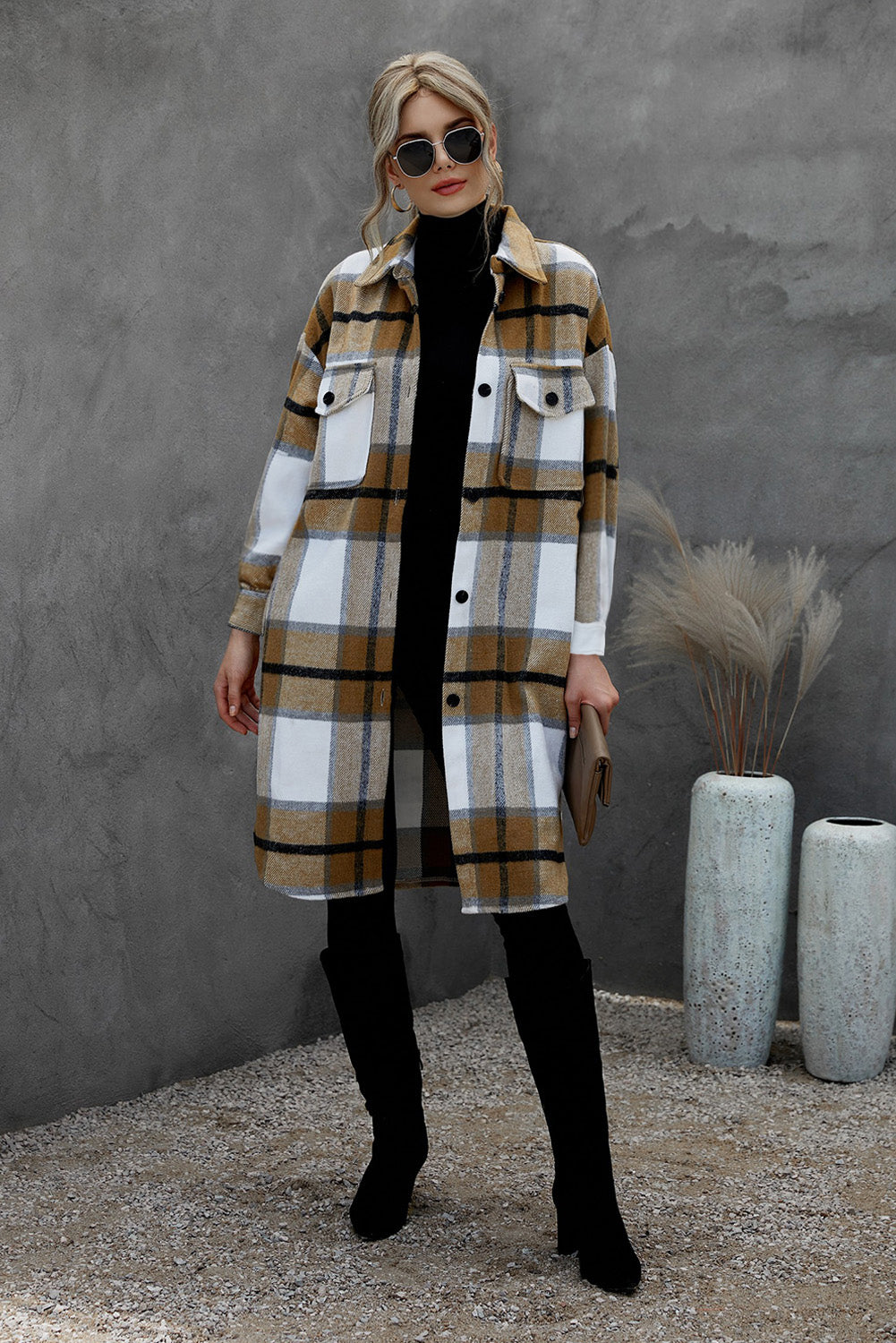 Khaki Turn Down Collar Pocket Buttoned Plaid Print Coat