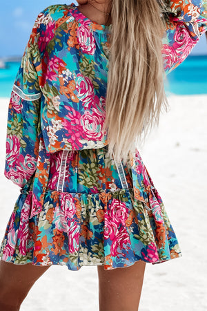 Multicolor Floral Print Belt Bubble Sleeve Top