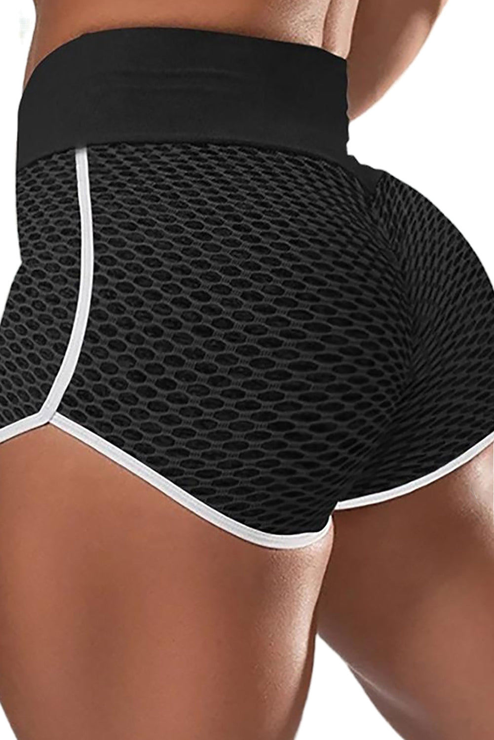 Black High Waist Honeycomb Contrast Stripes Butt Lifting Yoga Shorts