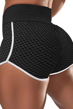 Black High Waist Honeycomb Contrast Stripes Butt Lifting Yoga Shorts