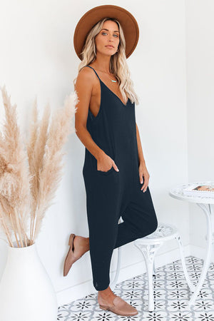 Blue Sleeveless Wide Leg Loose Jumpsuit with Pocket