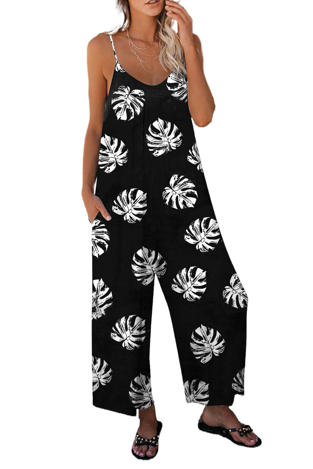 Black Palm Leaves Print Spaghetti Strap Wide Leg jumpsuit