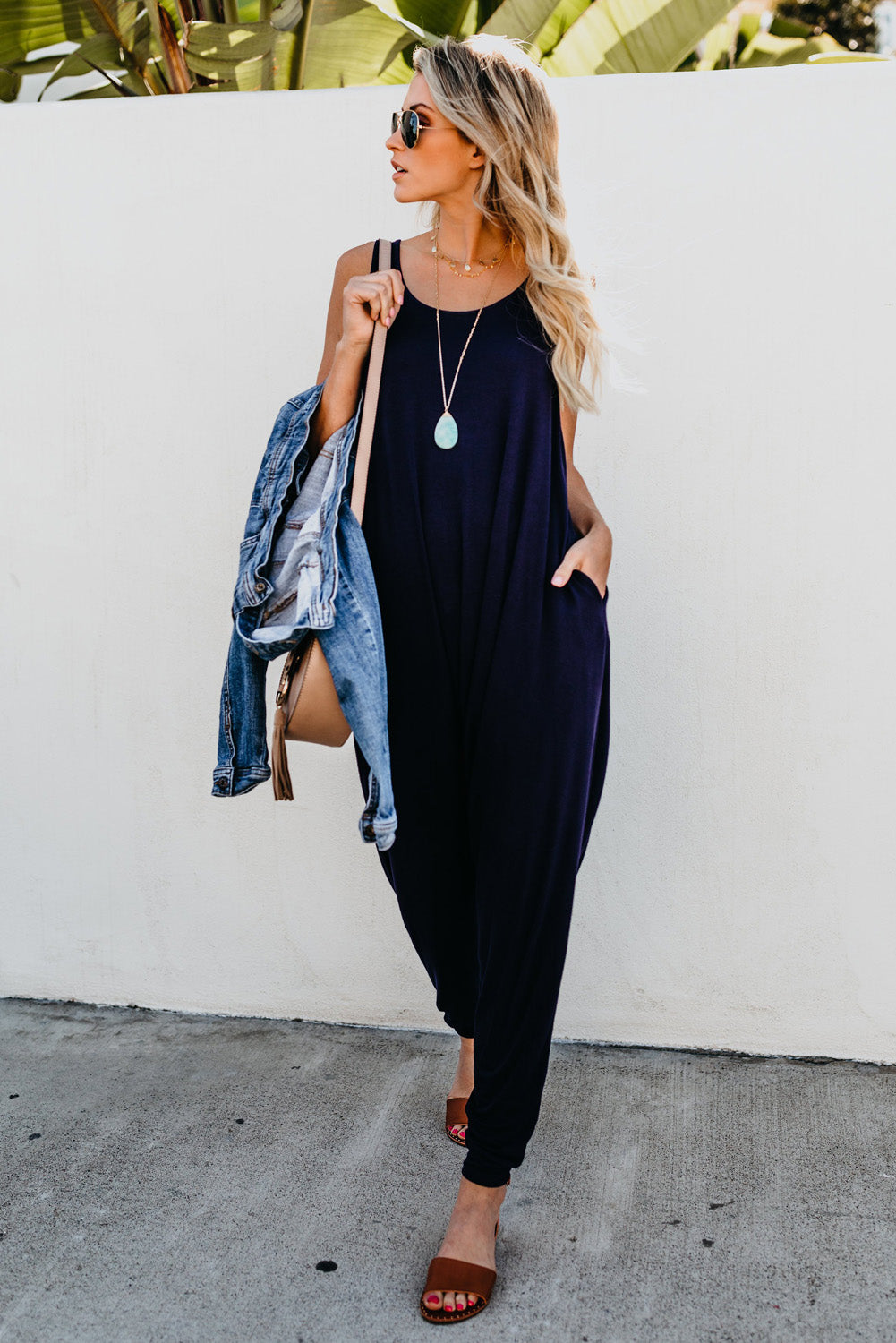 Blue Sleeveless Pocketed Harem Jumpsuit