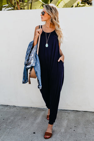 Blue Sleeveless Pocketed Harem Jumpsuit