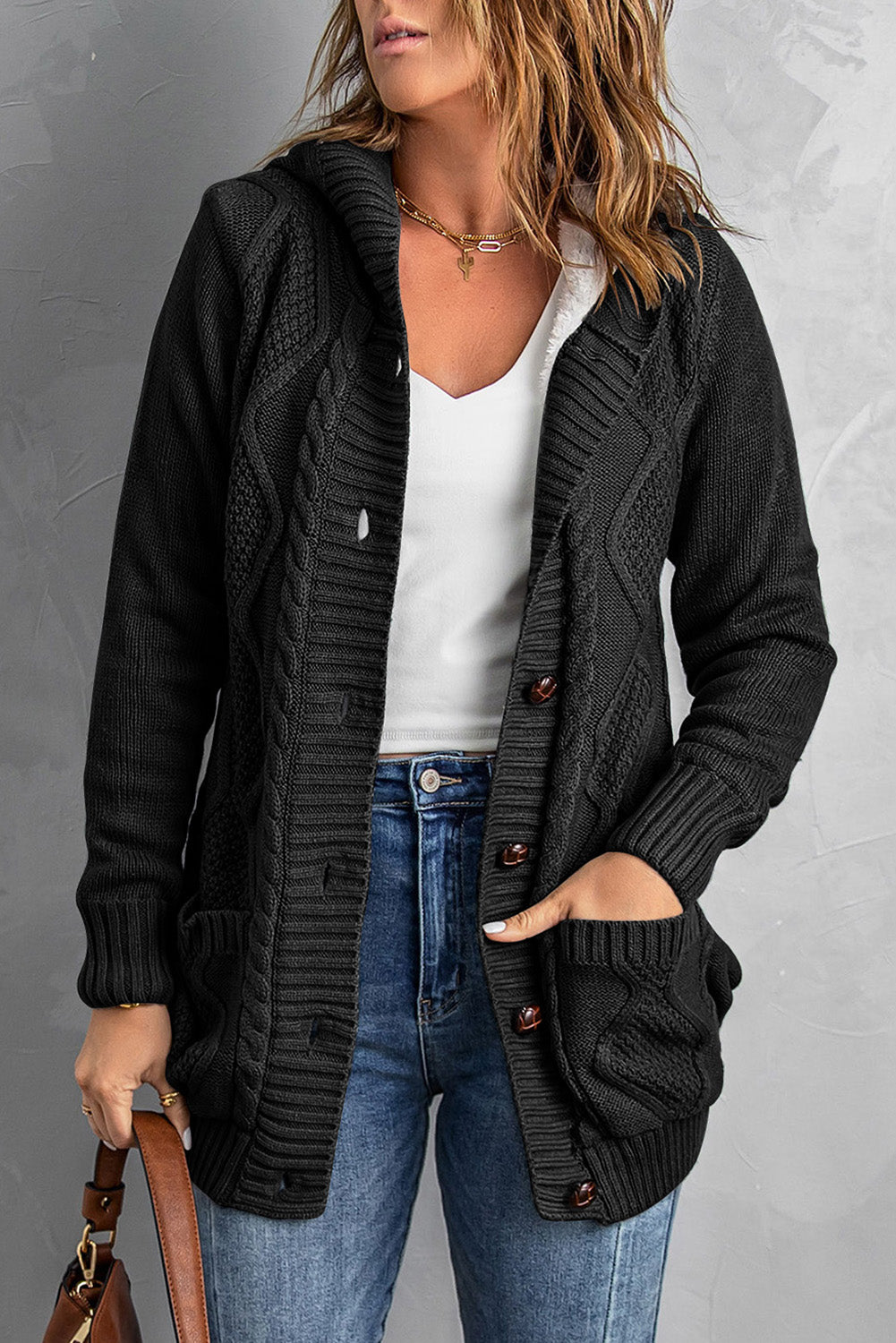 Black Buttoned Hooded Open Front Knitted Sweater