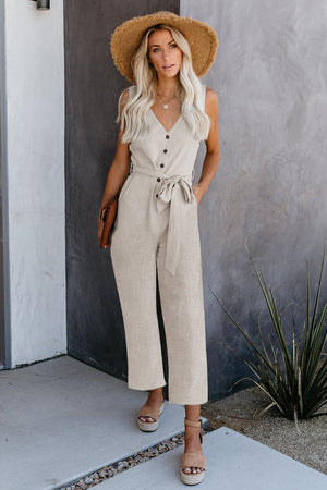 Beige V Neck Button Belted Jumpsuit with Pockets