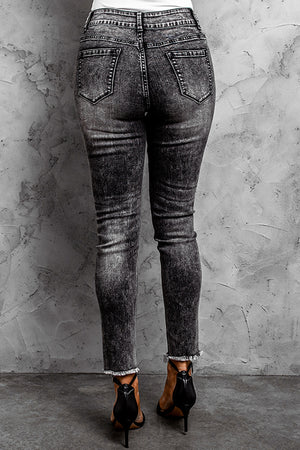 Black High Rise Acid Wash Crop Skinny Jeans