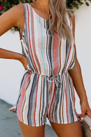 Striped Drawstring O-Neck Sleeveless Romper
