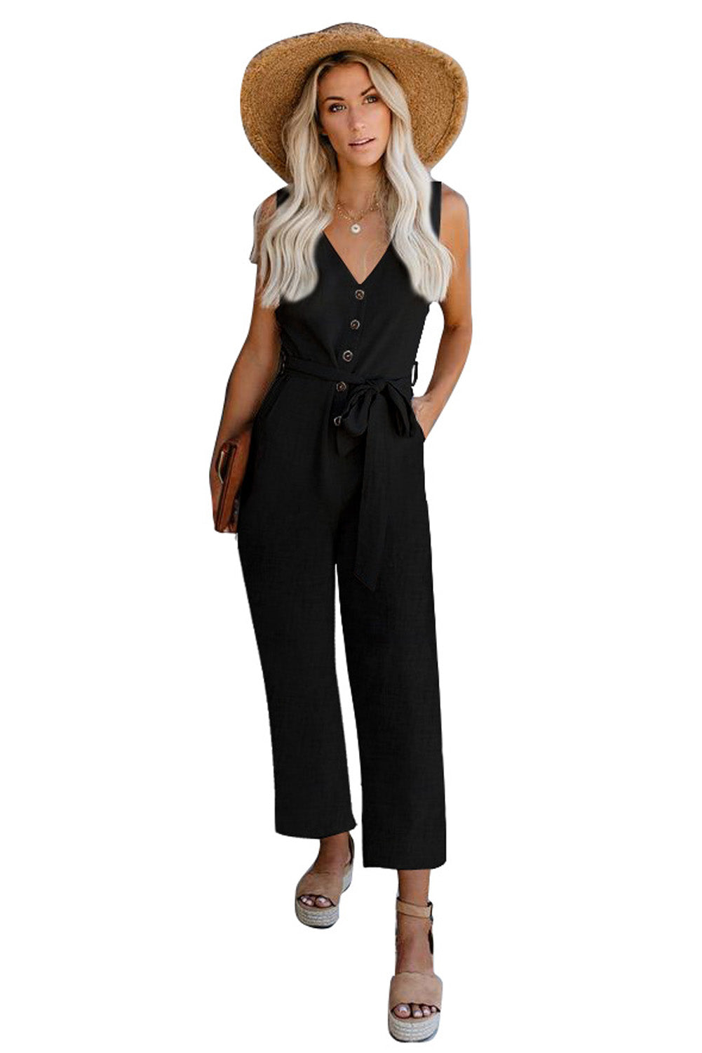 Black V Neck Button Belted Jumpsuit with Pockets