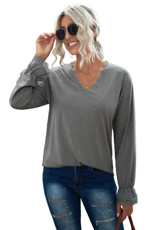 Gray Solid Color Lace V Neck Long Sleeve Top