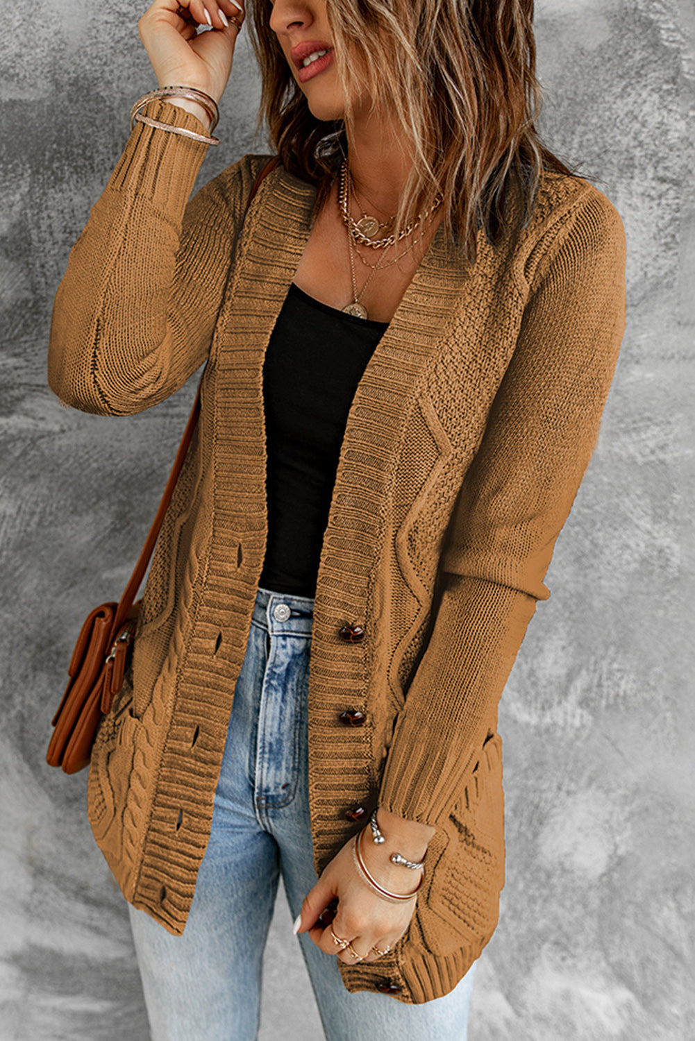 Khaki Front Pocket and Buttons Closure Cardigan
