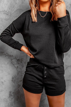 Black Ribbed Knit Drop-Shoulder Sleeve Top and Shorts Lounge Set