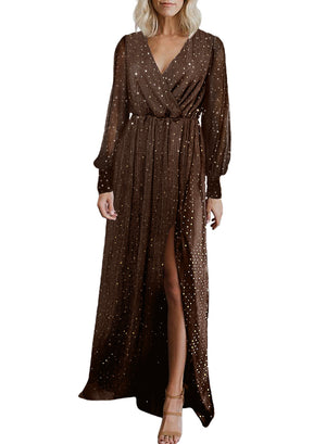 Brown Side Split Rhinestone V Neck Maxi Dress
