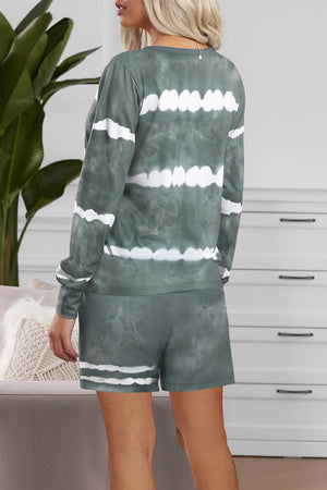 Green Tie-dyed Stripes Long Sleeve Shorts Lounge Set
