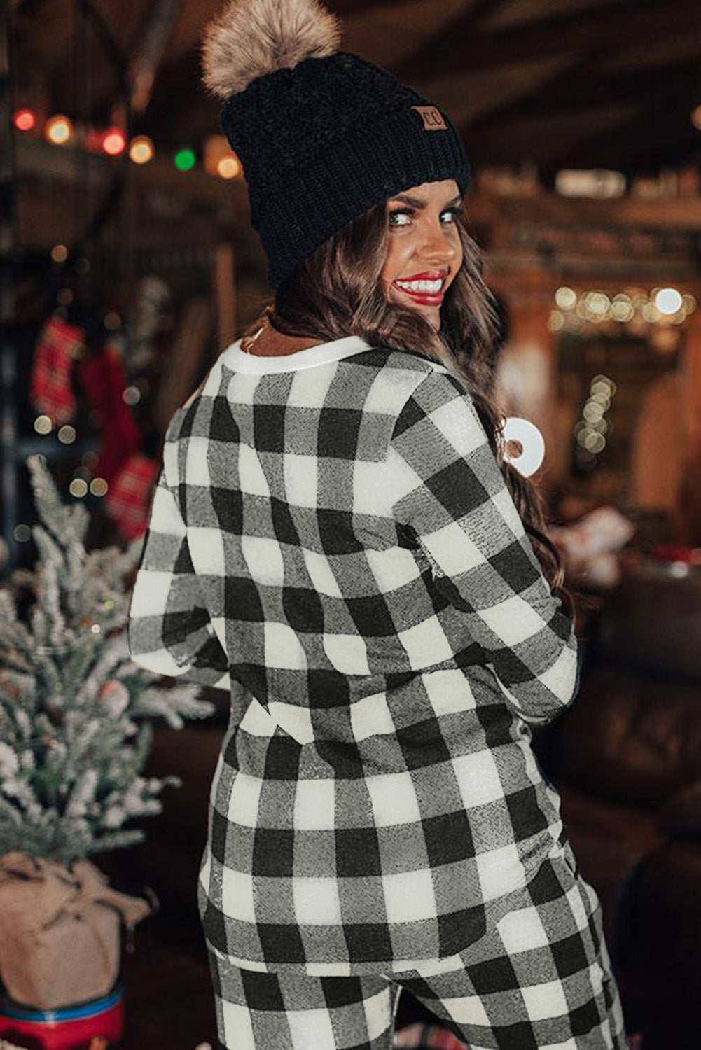 Black Christmas Plaid Print Long Sleeve Top and Pants Lounge Set