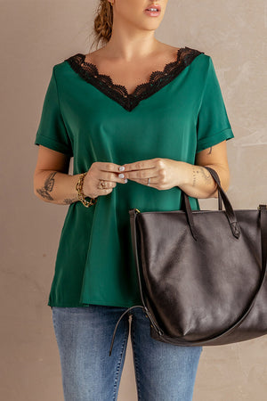 Green Lace V Neck Short Sleeve T-shirt
