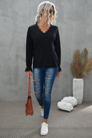 Black Solid Color Lace V Neck Long Sleeve Top