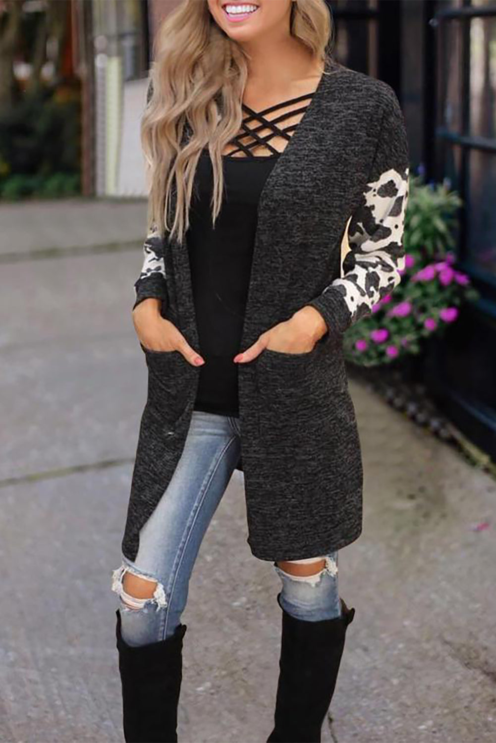 Gray Cow Print Splicing Open Front Cardigan