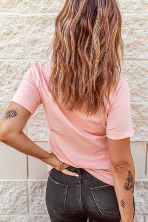 Pink Solid Color Rolled Short Sleeve T Shirt
