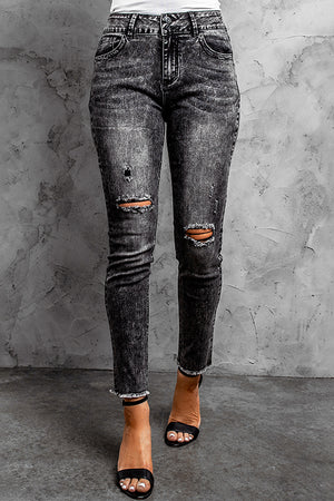 Black High Rise Acid Wash Crop Skinny Jeans