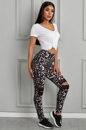 Floral Hollow Out Leopard Printed Skinny Leggings