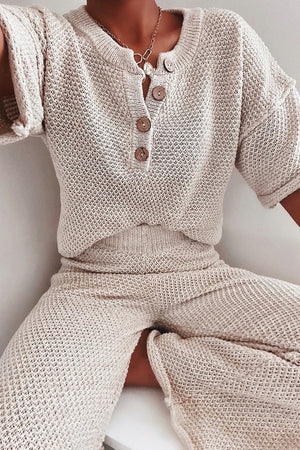Beige Cotton Blend Relaxed Top and High Rise Pants Lounge Set
