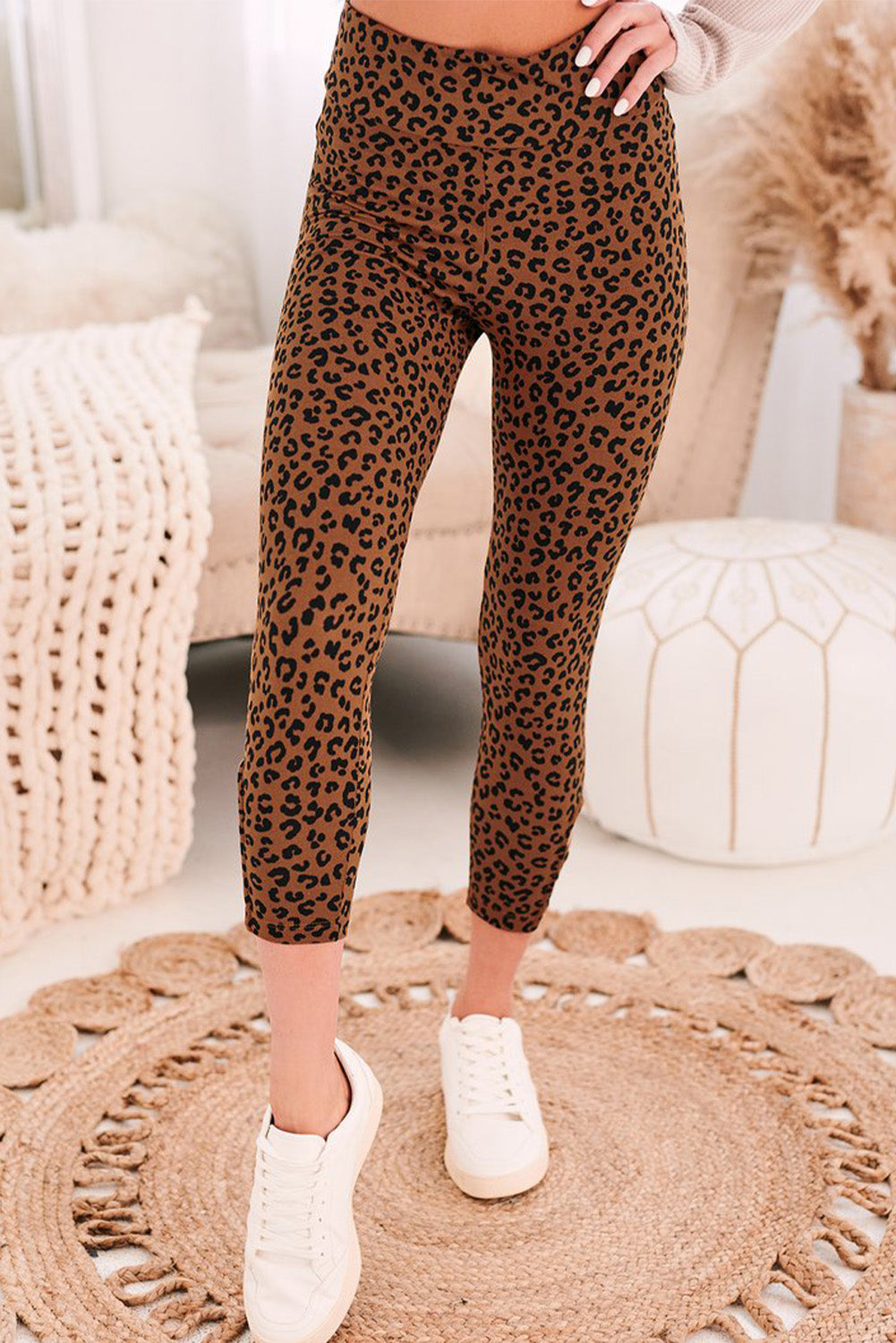 Brown Yoga Fitness Leopard Cropped Leggings