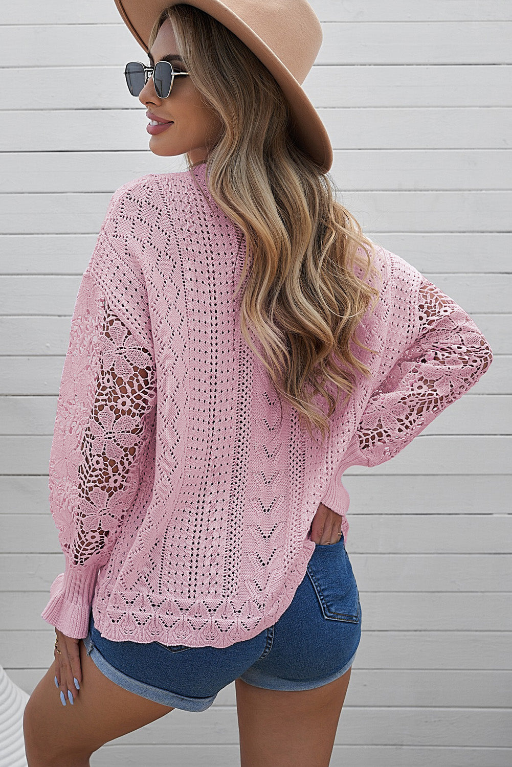 Pink Crochet Lace Pointelle Knit Sweater