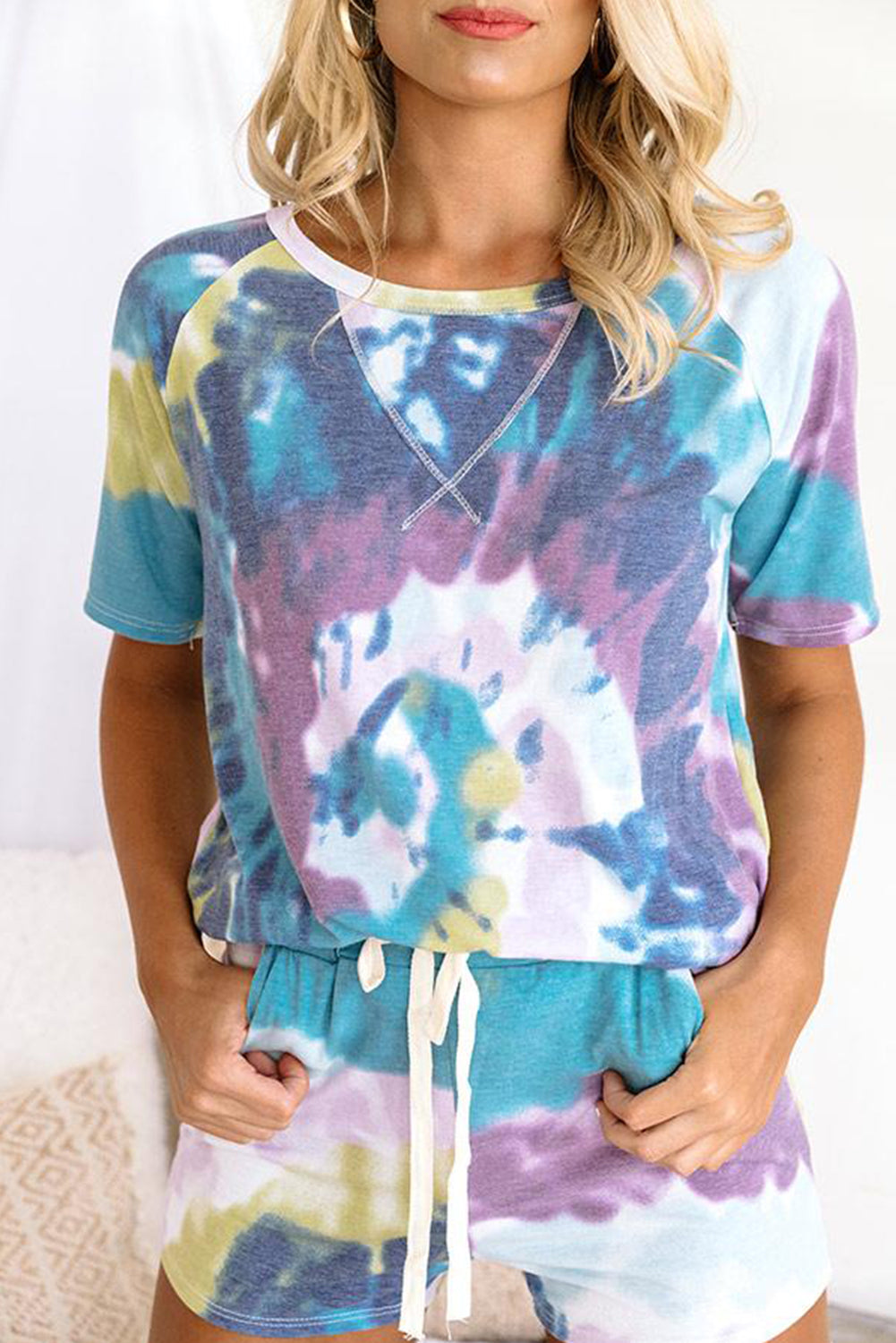Blue Tie-dye Print Tee and Drawstring Shorts Lounge Set
