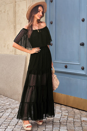 Black Off Shoulder Ruffle Swiss Dot Maxi Dress