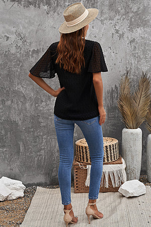 Black Crochet V Neck Swiss Dot Butterfly Sleeve Top