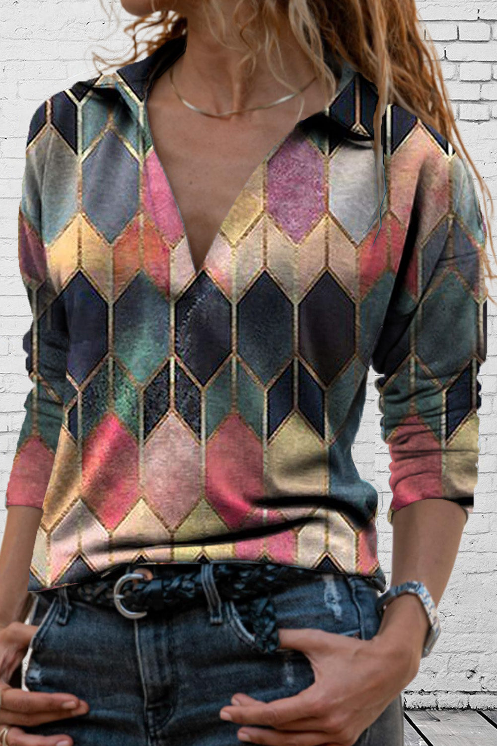 Pink Turn-Down V Neck Geometric Print Casual Blouse