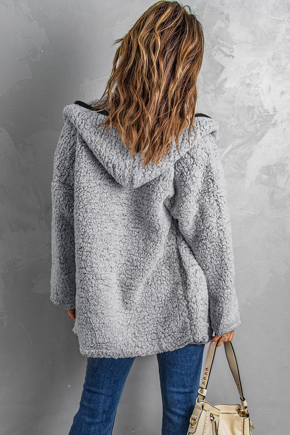 Dark Gray Open Front Long Sleeve Hooded Sherpa Coat