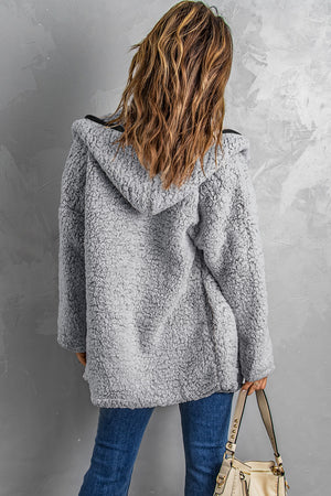 Dark Gray Open Front Long Sleeve Hooded Sherpa Coat