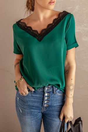 Green Lace V Neck Short Sleeve T-shirt