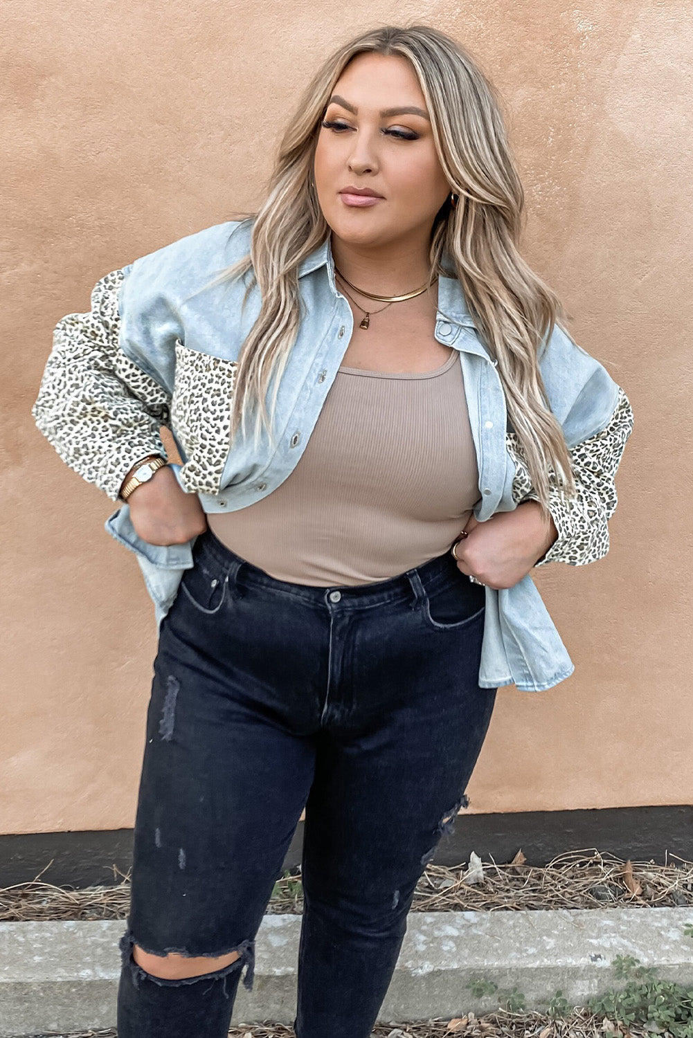 Sky Blue Plus Size Leopard Splicing Button Denim Jacket