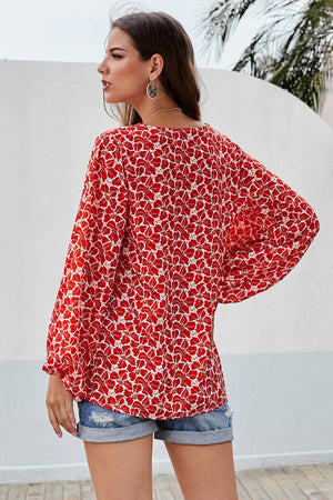 Red Boho Print Balloon Sleeve Blouse