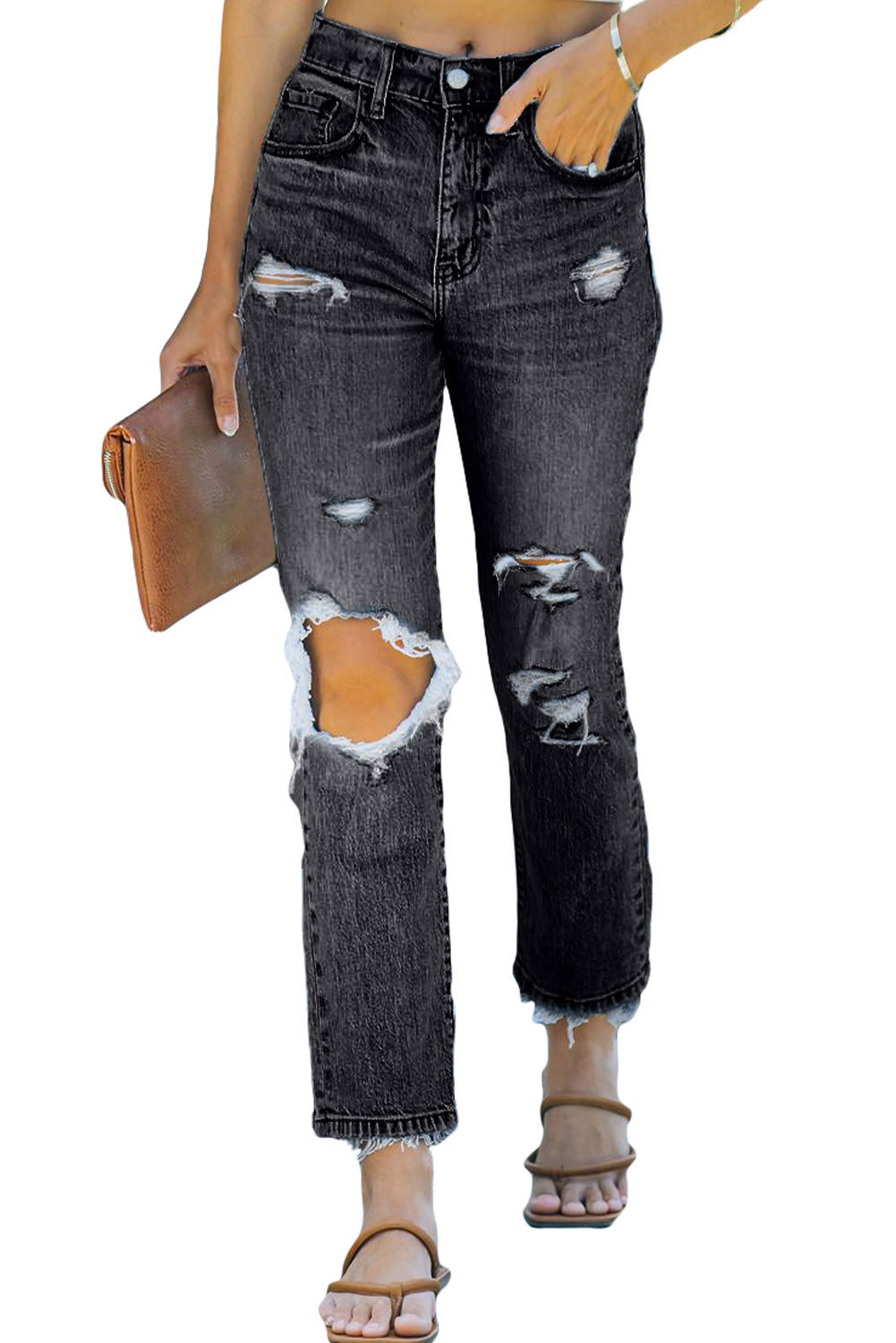 Black Distressed Holes Straight Jeans