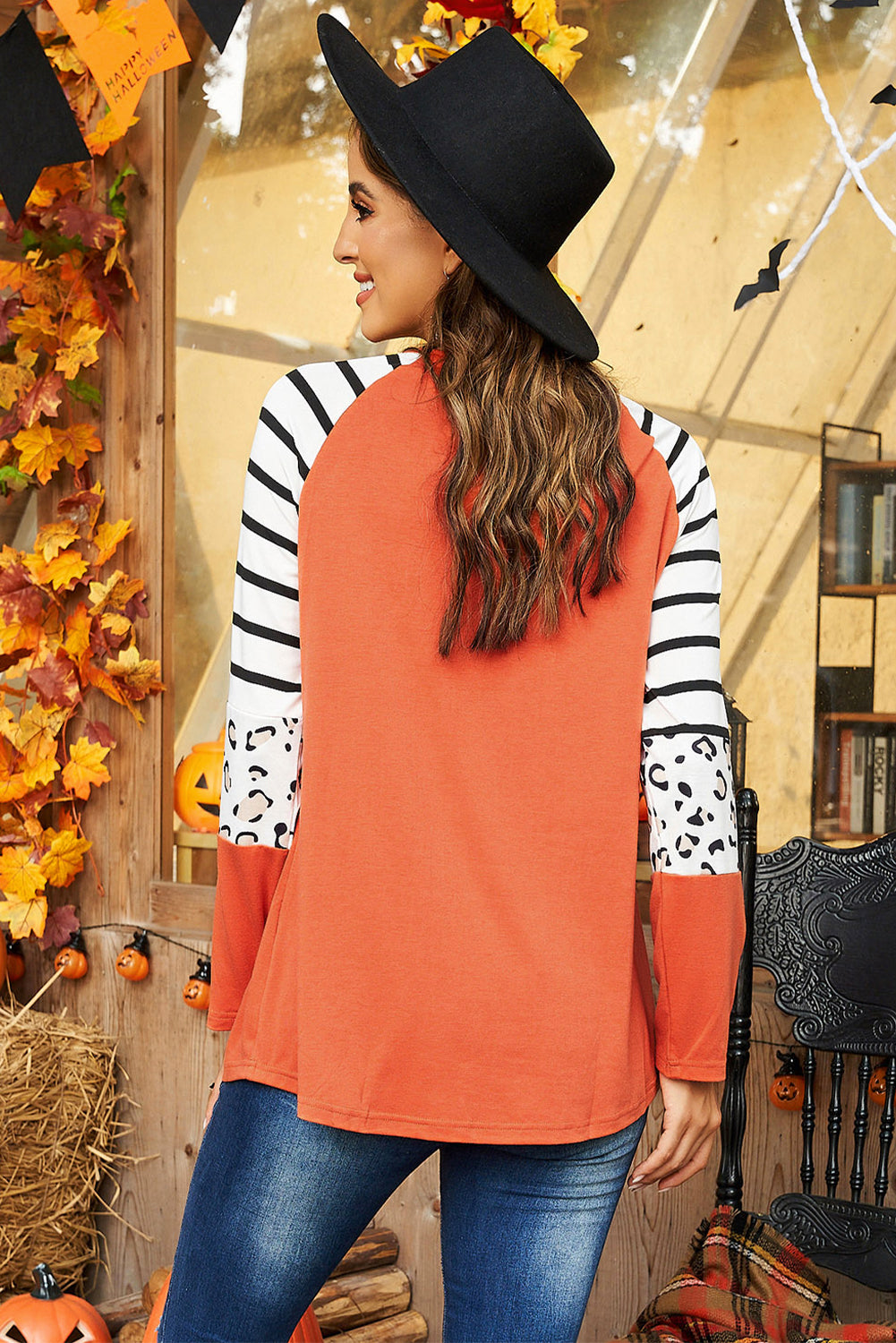 Orange Striped Animal Print Colorblock Long Sleeve Top