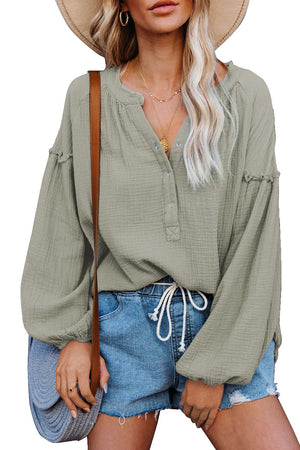 Green Casual Balloon Sleeve Crinkled Top