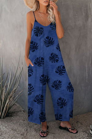 Blue Palm Leaves Print Spaghetti Strap Wide Leg jumpsuit