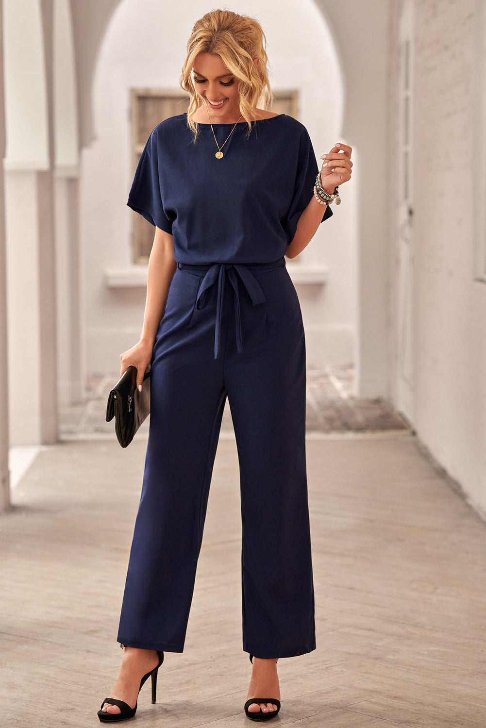 Blue Oh So Glam Belted Wide Leg Jumpsuit