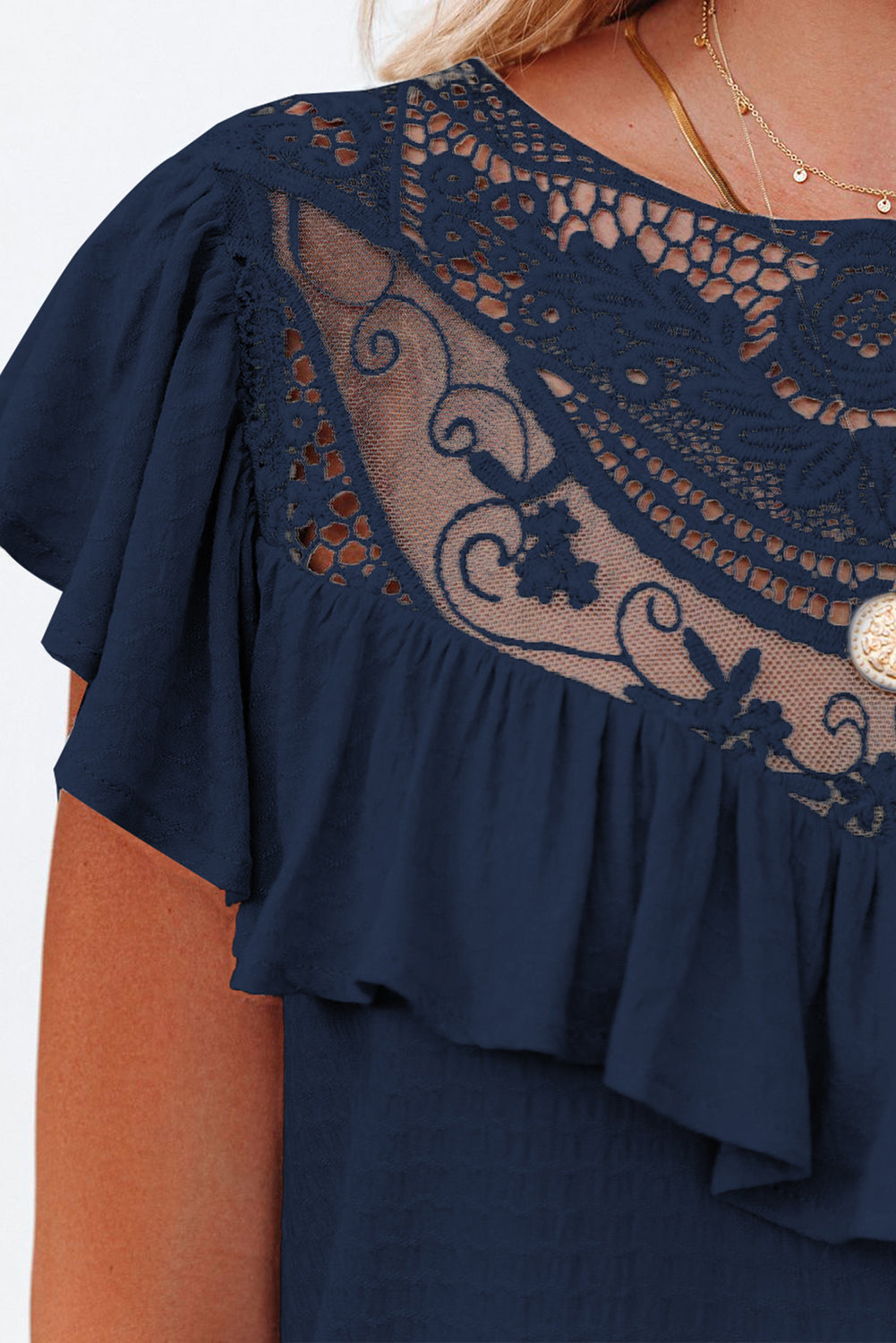 Navy Lace Splicing Ruffled Short Sleeve T-shirt