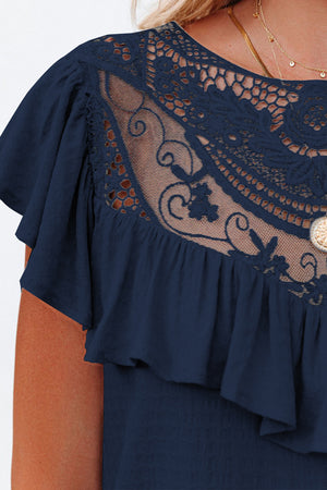 Navy Lace Splicing Ruffled Short Sleeve T-shirt
