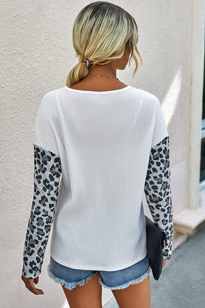 Gray Leopard Colorblock Ribbed Long Sleeve Top
