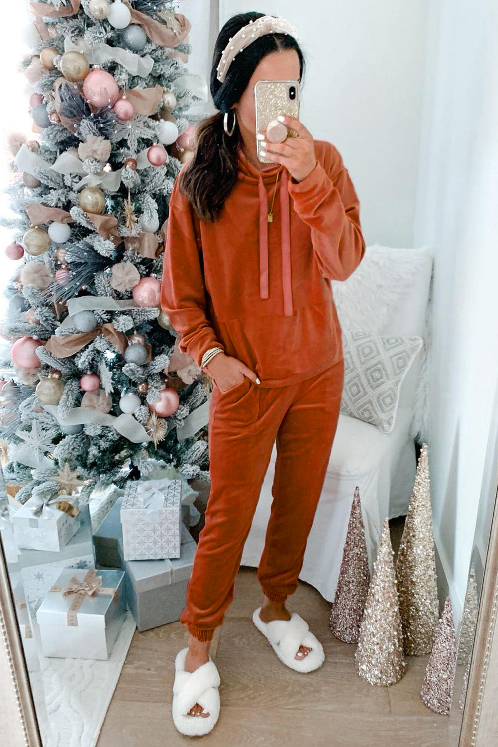 Funnel Neck Velour Sweatshirt and Pants Lounge Set