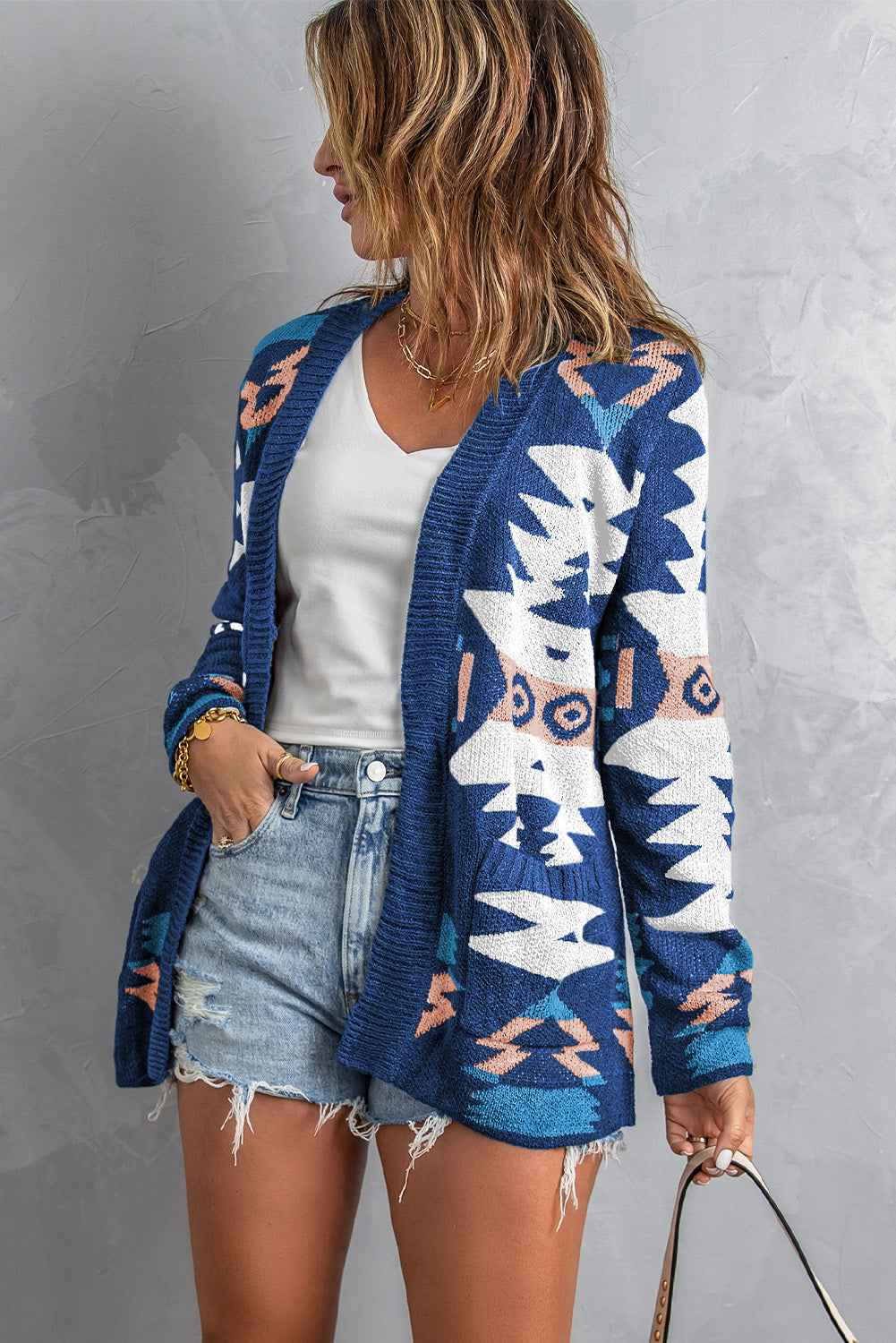 Blue Moraga Pocketed Aztec Cardigan