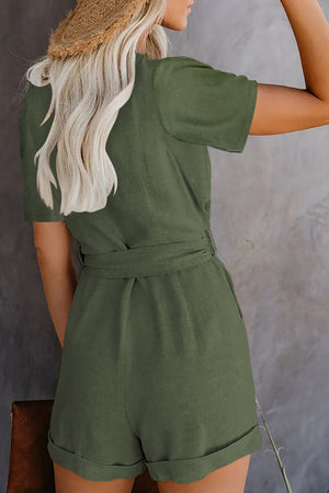 Green V Neck Short Sleeve Buttons Belted Romper with Pockets