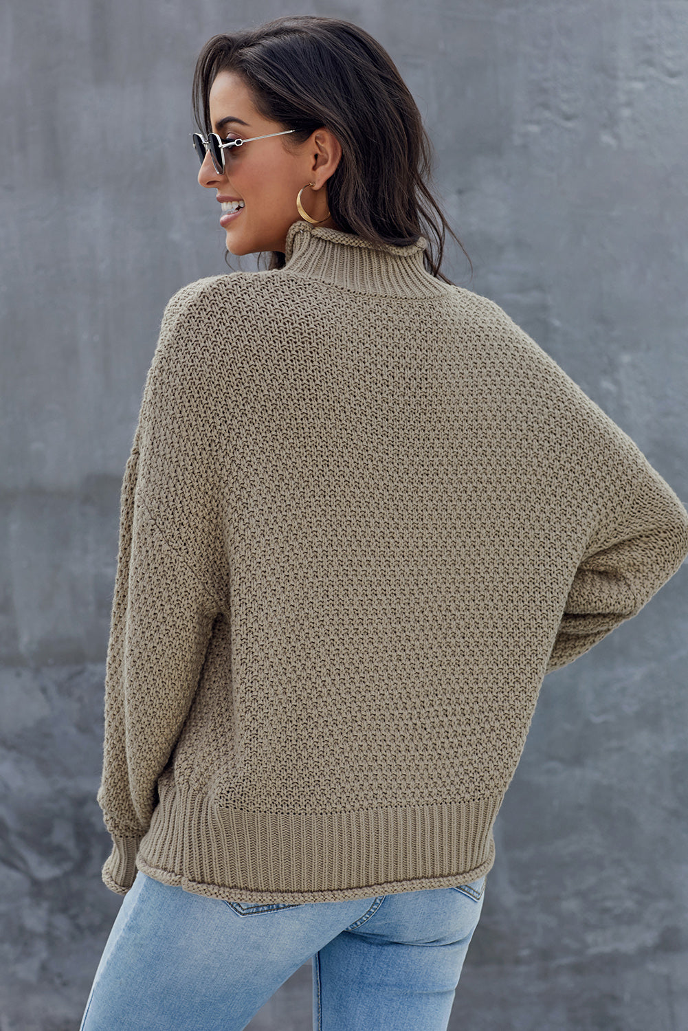 Khaki Oversized Chunky Batwing Long Sleeve Turtleneck Sweater