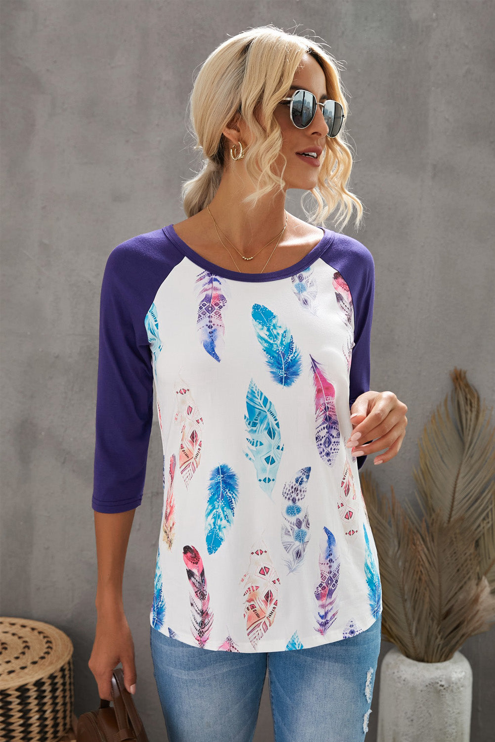 Purple Feather Print three quarter Sleeve Top